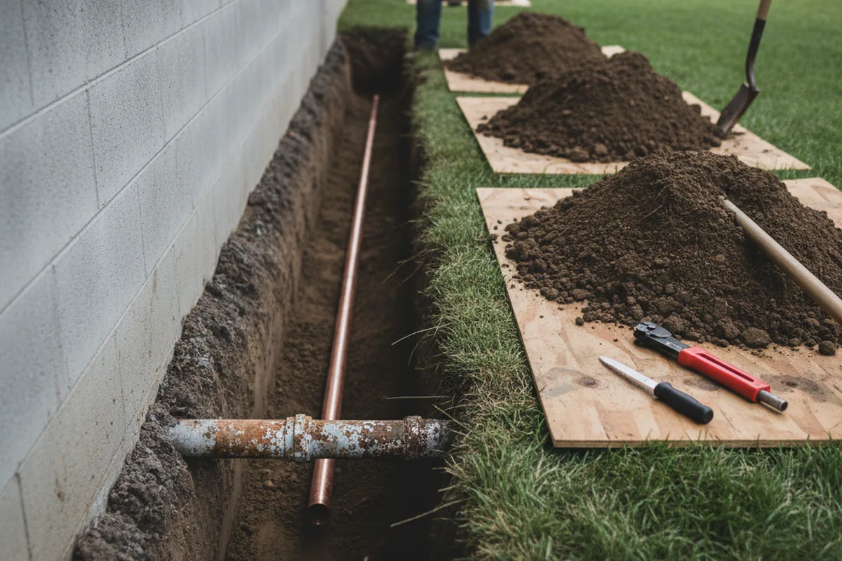 Excavated water line trench during Water Softener Installation in Merkel